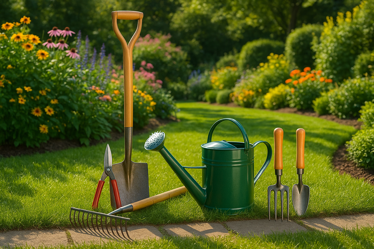 ik wil een mooie afbeelding met een mooie tuin en tuin gereeedschap